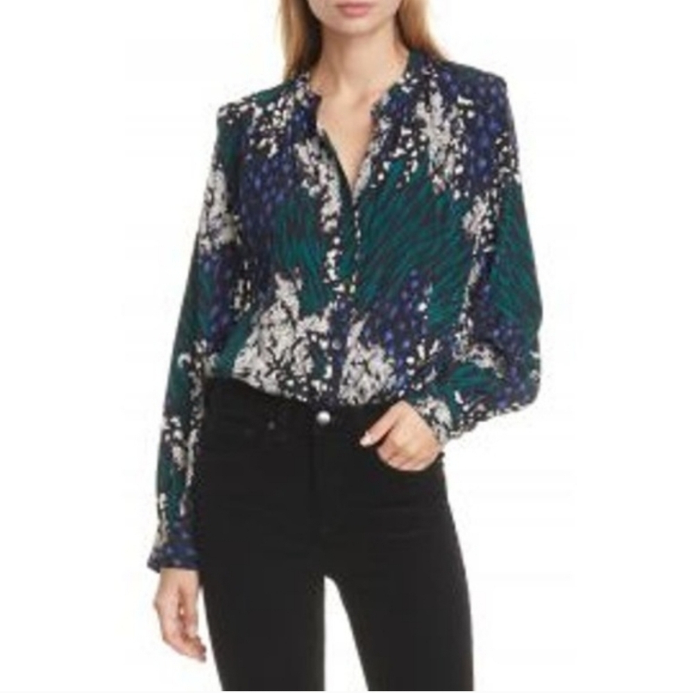 Veronica Beard Buckley Floral Silk Blouse Green Black Size 00 Loose Fit Preppy - Picture 2 of 13